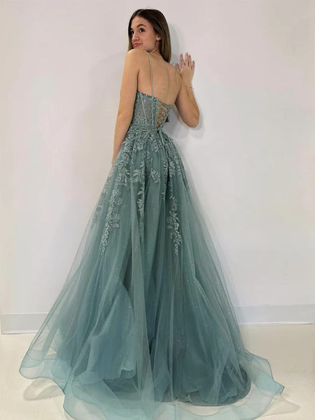 A Line V Neck Tulle Lace Gray Green Long Prom Dresses, Gray Green V Neck Lace Tulle Long Formal Dresses