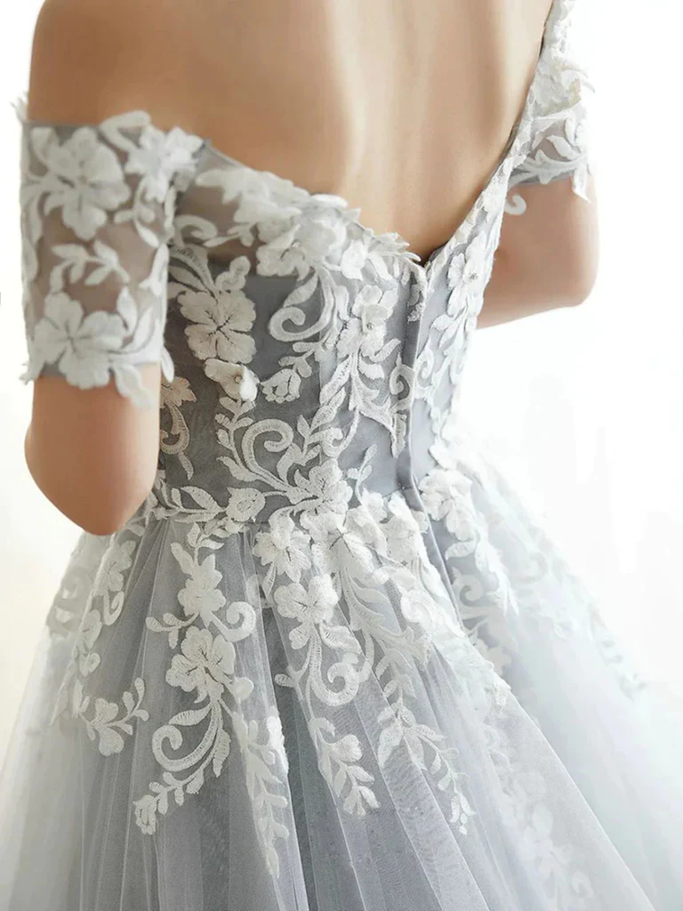 Off the Shoulder Grey Lace Tulle Long Prom Dresses, Off Shoulder Gray morievent Off the Shoulder Grey Lace Tulle Long Prom Dresses, Off Shoulder Gray morievent