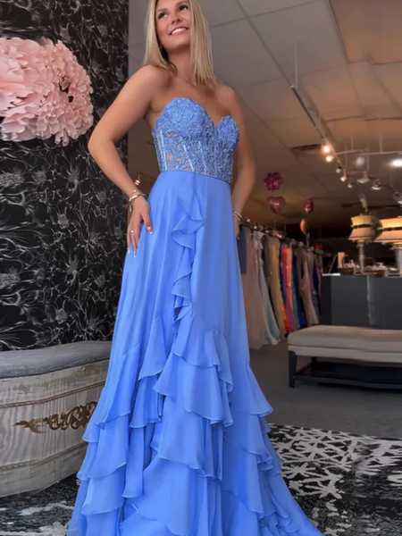 A Line Strapless Sweetheart Neck Blue Lace Long Prom Dresses with Slit, Sweetheart Neck Blue Lace Formal  Evening Graduation Dresses