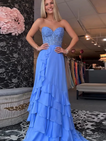 A Line Strapless Sweetheart Neck Blue Lace Long Prom Dresses with Slit, Sweetheart Neck Blue Lace Formal  Evening Graduation Dresses