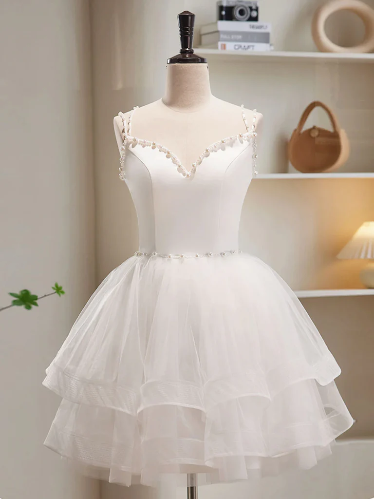 White V Neck Short Tulle Prom Dresses, Short White Tulle Homecoming Gr morievent White V Neck Short Tulle Prom Dresses, Short White Tulle Homecoming Gr morievent
