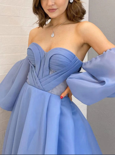 Blue Off the Shoulder Sweetheart Neck Chiffon Long Prom Dresses, Blue Formal Evening Dresses
