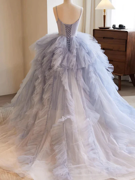 Fluffy  Blue High Low Tulle Long Prom Dresses with Train, High Low Blue Tulle Long Formal Evening Dresses
