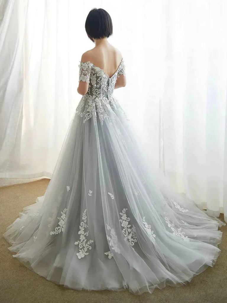 Off the Shoulder Grey Lace Tulle Long Prom Dresses, Off Shoulder Gray morievent Off the Shoulder Grey Lace Tulle Long Prom Dresses, Off Shoulder Gray morievent
