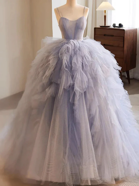 Fluffy  Blue High Low Tulle Long Prom Dresses with Train, High Low Blue Tulle Long Formal Evening Dresses