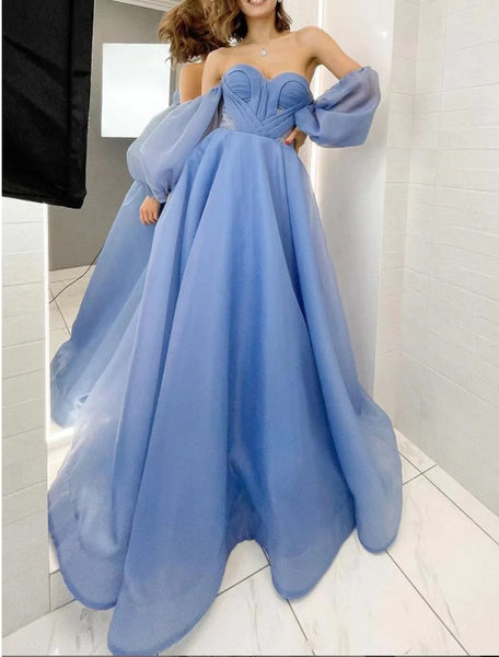 Blue Off the Shoulder Sweetheart Neck Chiffon Long Prom Dresses, Blue Formal Evening Dresses