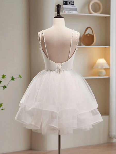White  V Neck Short Tulle Prom Dresses, Short White Tulle Homecoming Graduation Dresses
