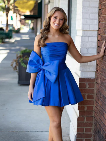Short Strapless Blue Satin Prom Dresses with Bow Tie, Blue Satin Short Formal Evening Dresses