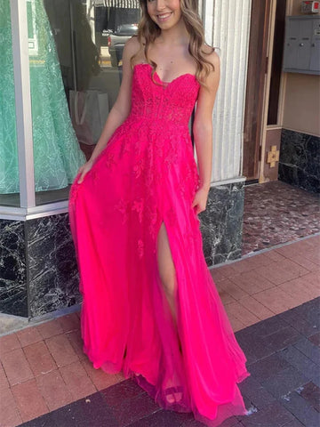 Strapless V Neck Hot Pink Tulle Lace Prom Dresses, Hot Pink Lace Tulle Long Formal Evening Dresses