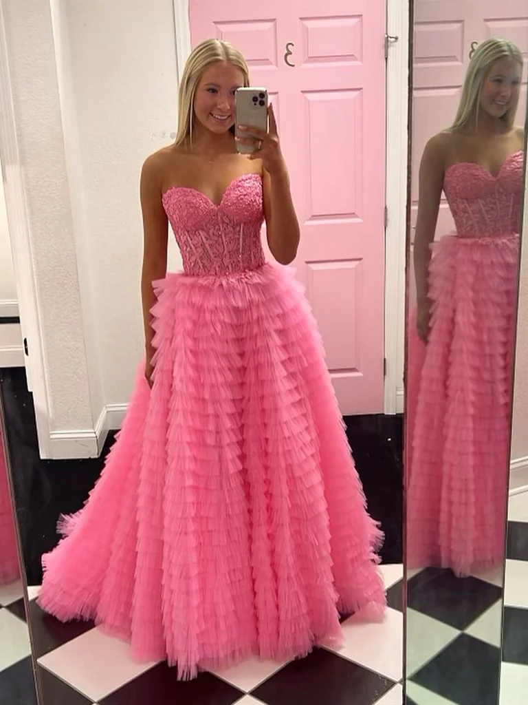 Sweetheart Neck Hot Pink Lace Tulle Prom Dresses, Hot Pink Lace Long  Formal Evening Dresses