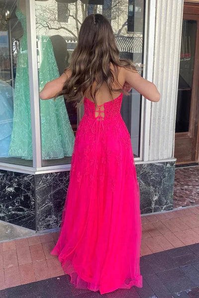 Strapless V Neck Hot Pink Tulle Lace Prom Dresses, Hot Pink Lace Tulle Long Formal Evening Dresses