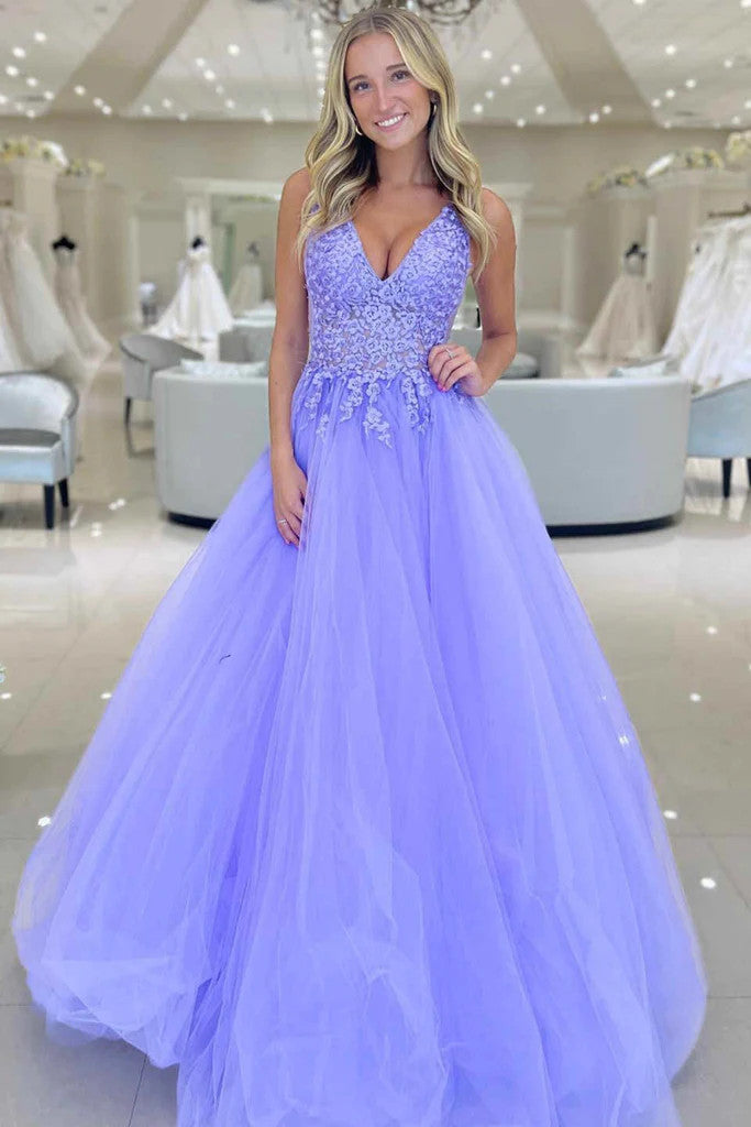 A Line V Neck Lilac Lace Long Prom Dresses, A Line V Neck Purple Lace –  morievent