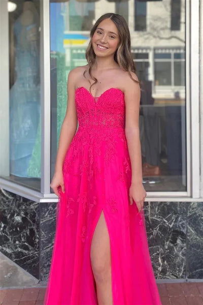 Strapless V Neck Hot Pink Tulle Lace Prom Dresses, Hot Pink Lace Tulle Long Formal Evening Dresses
