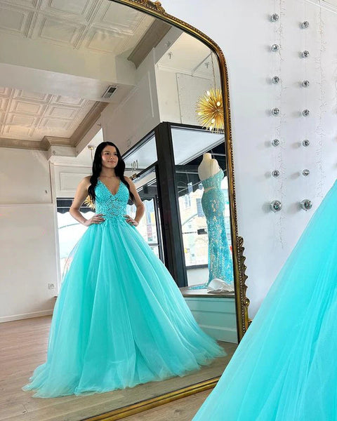 A Line V Neck Arctic Blue Lace Tulle Long Prom Dresses,  Blue Tulle Lace Formal Evening Dresses