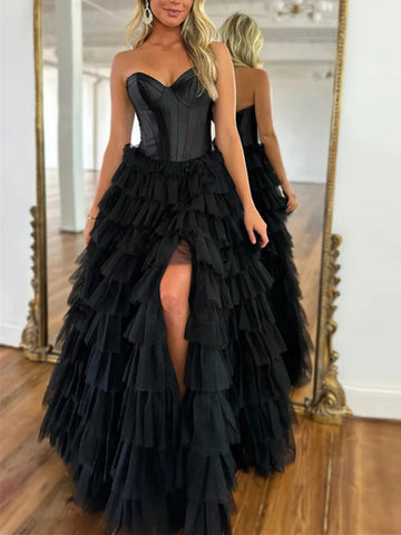 Princess Strapless Black Long Prom Dresses with High Split, Black Tulle Long Formal Evening Dresses