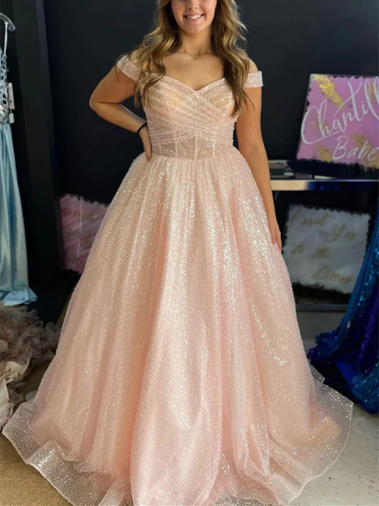 Shiny Off Shoulder Pink/White Long Prom Dresses, Off the Shoulder Pink morievent Shiny Off Shoulder Pink/White Long Prom Dresses, Off the Shoulder Pink morievent