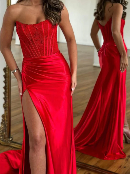 Strapless Red Lace Mermaid  Prom Dresses, Red Mermaid Lace Formal Evening Dresses