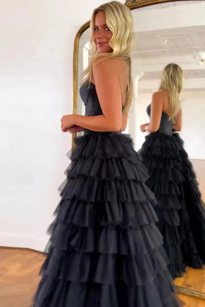 Princess Strapless Black Long Prom Dresses with High Split, Black Tulle Long Formal Evening Dresses