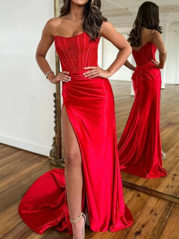 Strapless Red Lace Mermaid  Prom Dresses, Red Mermaid Lace Formal Evening Dresses