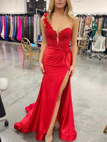 One Shoulder Mermaid Red Lace Floral Long Prom Dress with High Split, One Shoulder 3D Floral Lace Pleated Red Mermaid Formal Evening Dresses