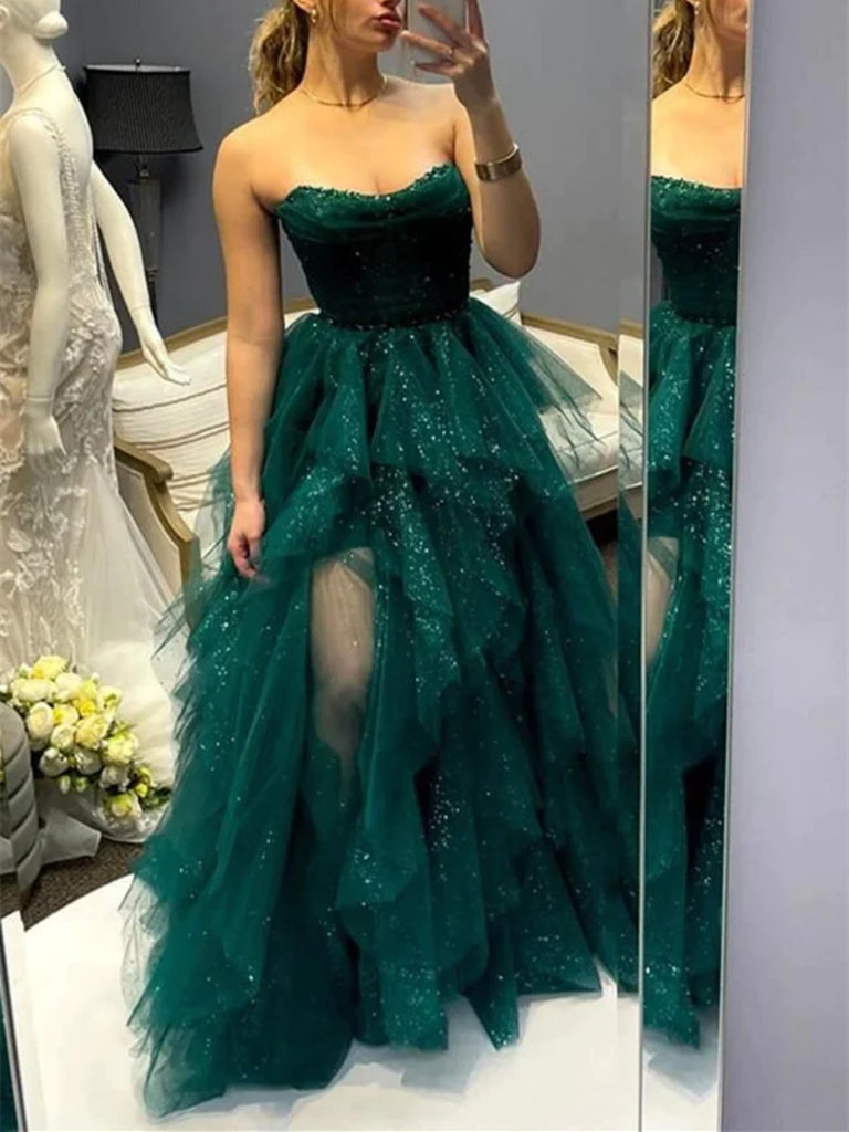 Shiny Strapless High Low Green Tulle Long Prom Dresses, Green Tulle High Low Formal Evening Dresses