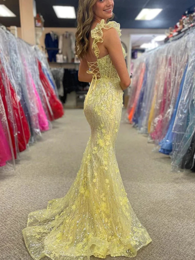 Backless Mermaid Yellow Lace Floral Long Prom Dresses with Train, Open Back Yellow Mermaid Lace Floral Long Formal Evening Dresses