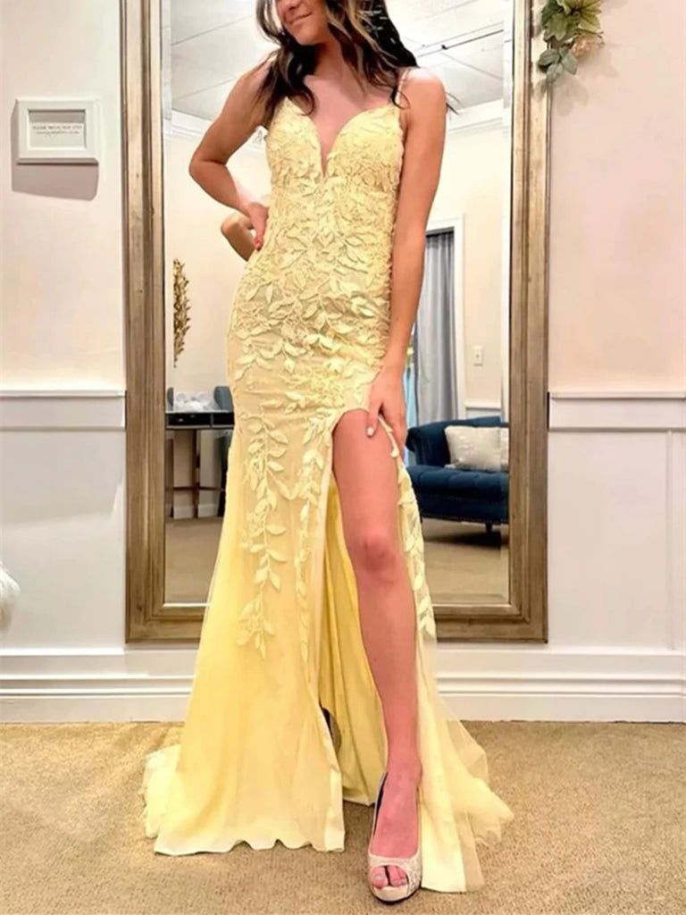 V Neck Yellow Lace Mermaid  Long Prom Dresses with Leg Slit, Mermaid Yellow Lace Long Formal Evening Dresses