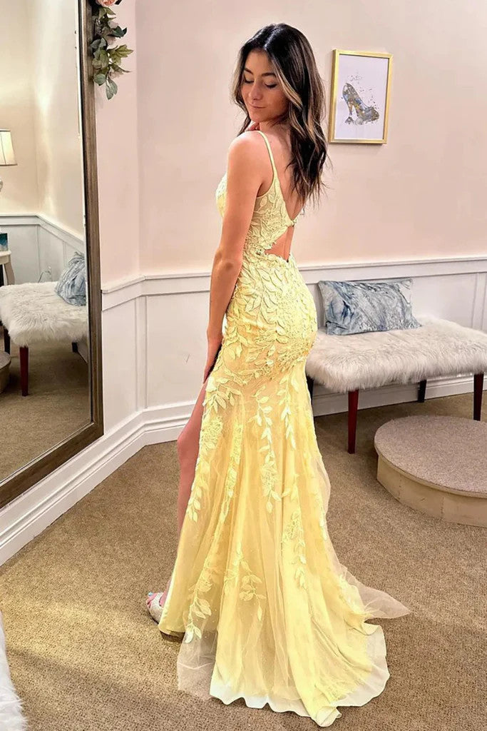 V Neck Yellow Lace Mermaid Long Prom Dresses with Leg Slit, Mermaid Ye morievent V Neck Yellow Lace Mermaid Long Prom Dresses with Leg Slit, Mermaid Ye morievent
