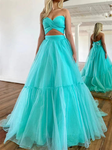 Two Pieces Mint Green Tulle Long Prom Dresses., Unique Tulle Green Formal Evening Dresses
