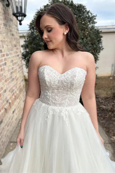 Sweetheart Neck White Lace Long Prom Dresses, Strapless Lace White Wedding Dresses, White Lace Formal Evening Dresses