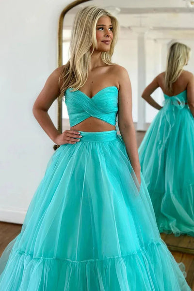Two Pieces Mint Green Tulle Long Prom Dresses., Unique Tulle Green Formal Evening Dresses