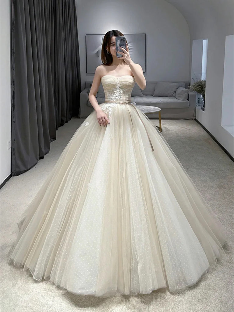 Strapless Champagne Floor Length Lace Tulle Prom Dresses, Champagne Lace Wedding Dresses, Champagne Lace Formal Evening Dresses