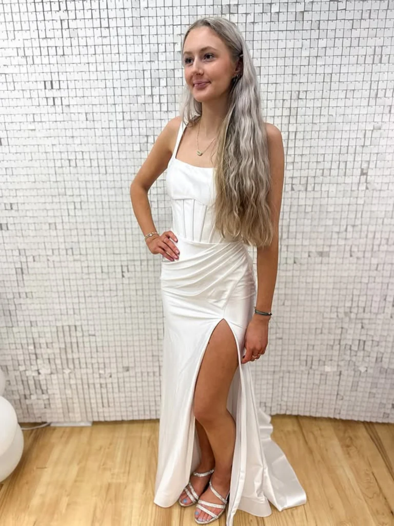 White Open Back Satin Long Prom Dresses With High Slit, Long White For morievent White Open Back Satin Long Prom Dresses With High Slit, Long White For morievent