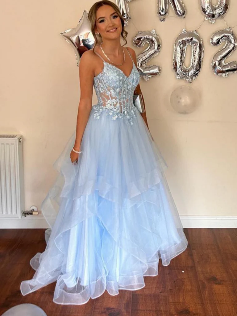 A Line V Neck Light Blue Lace Long Prom Dresses, Light Blue Lace Long morievent A Line V Neck Light Blue Lace Long Prom Dresses, Light Blue Lace Long morievent