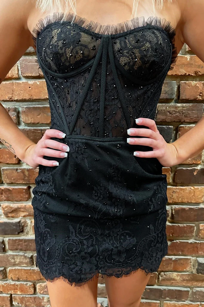 Sexy Strapless Black Lace Short Prom Dresses, Black Lace Formal Evening Homecoming Dresses
