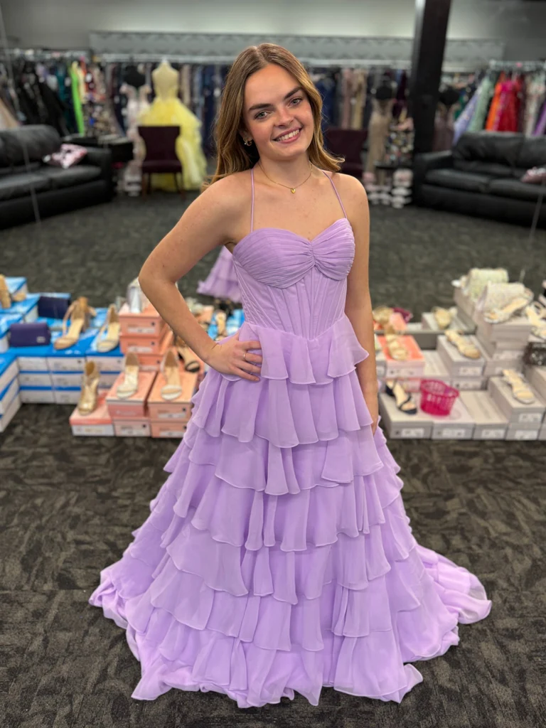 A Line Spaghetti Straps Layered Purple Chiffon Long Prom Dresses, Long Purple Formal Graduation Evening Dresses