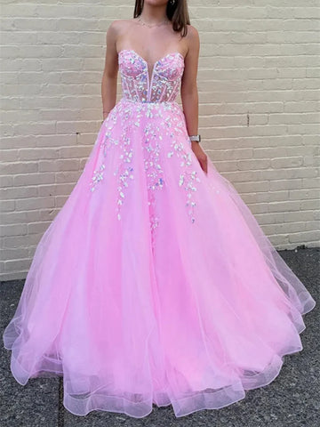 Strapless V Neck Pink Lace Long Prom Dresses, Pink Lace Long V Neck Formal Evening Dresses