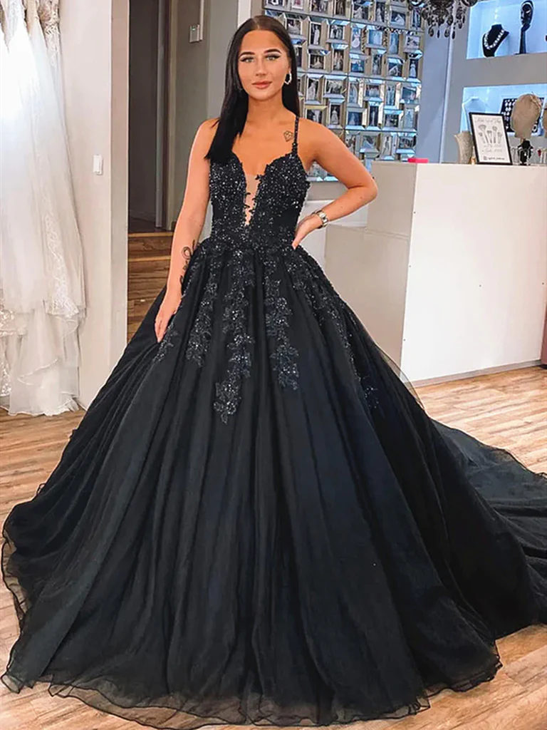 V Neck Black Lace Long Prom Dresses, V Neck Black Long Lace Formal Eve – morievent
