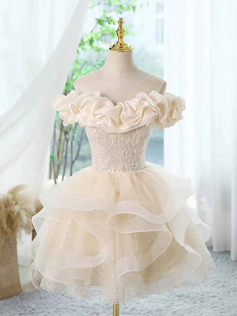 Off the Shoulder Short Champagne Beaded Prom Dresses, Short Off Should morievent Off the Shoulder Short Champagne Beaded Prom Dresses, Short Off Should morievent