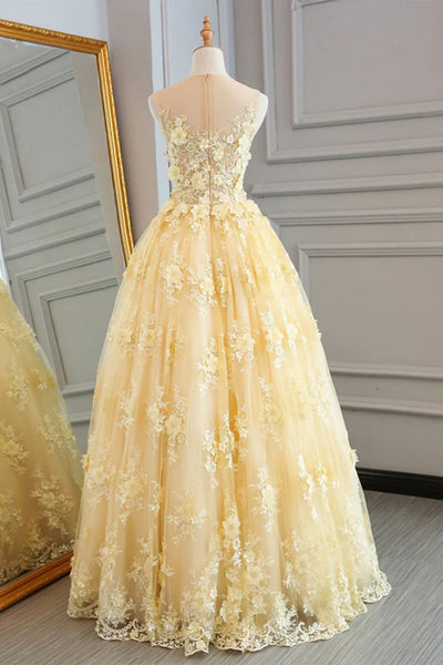 Gorgeous Yellow Lace Long Prom Dresses, Yellow Lace Formal Evening Dresses