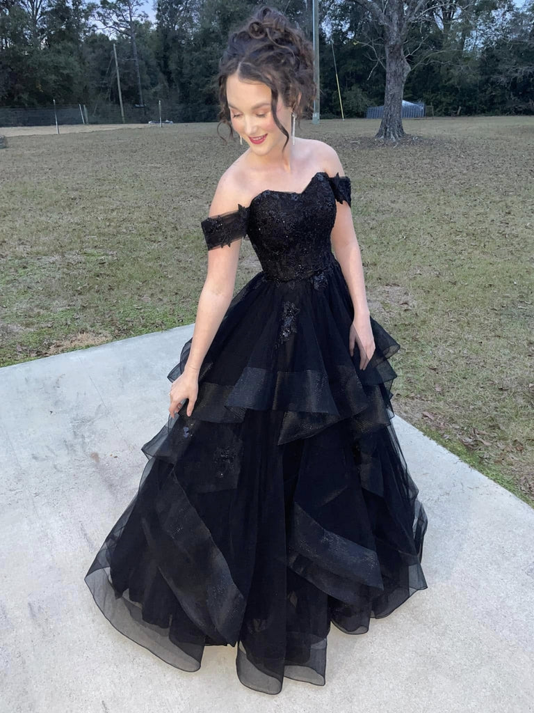 Off the Shoulder Black Lace Long Prom Dresses, Fluffy Black Lace Formal  Evening Dresses
