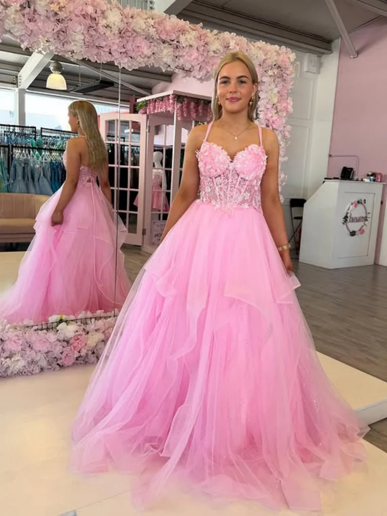 A Line Open Back Pink Lace Long Prom Dresses, Fluffy Pink Lace Formal Evening Dresses A Line Open Back Pink Lace Long Prom Dresses, Fluffy Pink Lace Formal Evening Dresses