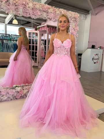 A Line Open Back Pink Lace Long Prom Dresses, Fluffy Pink Lace Formal Evening Dresses