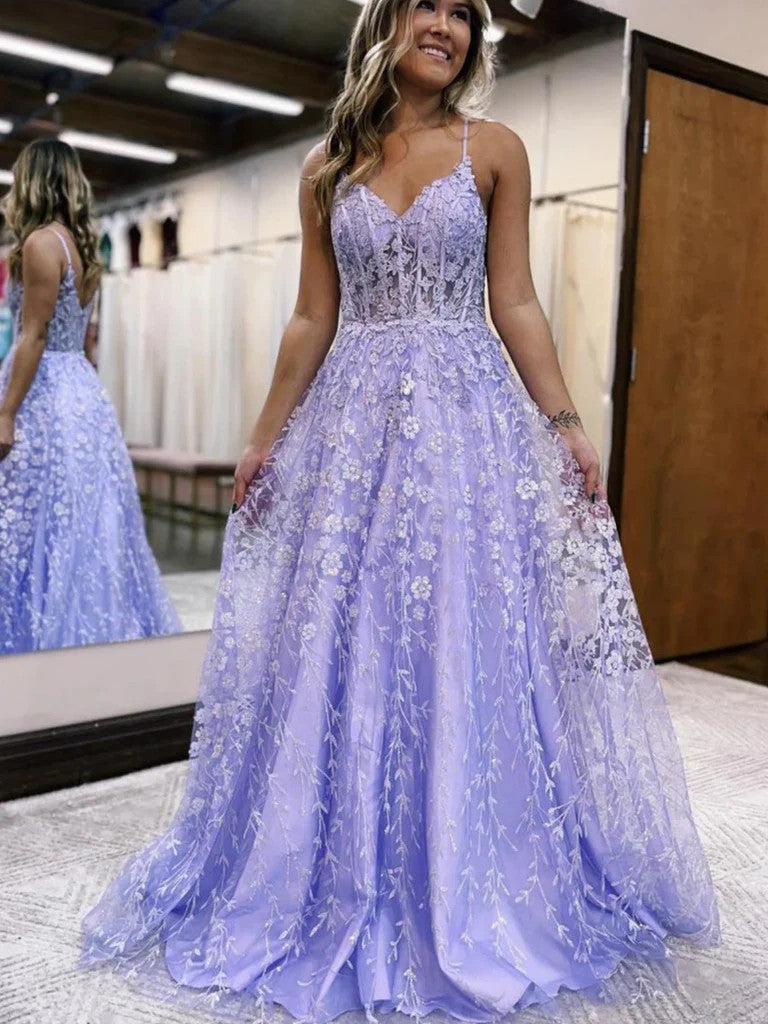 A Line V Neck Lilac/Gold Lace Floral Long Prom Dresses, Purple/Gold La morievent A Line V Neck Lilac/Gold Lace Floral Long Prom Dresses, Purple/Gold La morievent