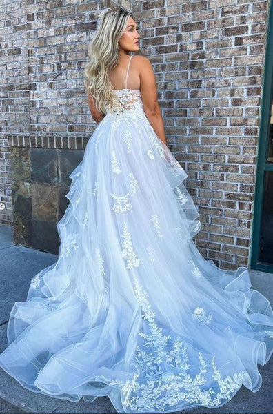 Spaghetti Straps A Line White Tulle Long Prom Dresses With Lace , V Neck White Lace Formal Evening Desses