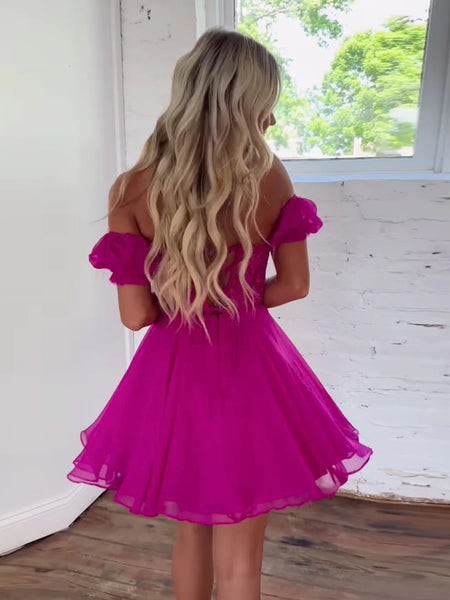 Sweetheart Neck Off the Shoulder Fuchsia Lace Short Prom Dresses, Short Lace Fuchsia Off Shoulder Formal Evening Graduation Dresses