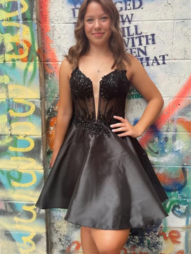 V Neck Beaded Black Lace Satin Prom Dresses, Short Black Formal Gradua morievent V Neck Beaded Black Lace Satin Prom Dresses, Short Black Formal Gradua morievent