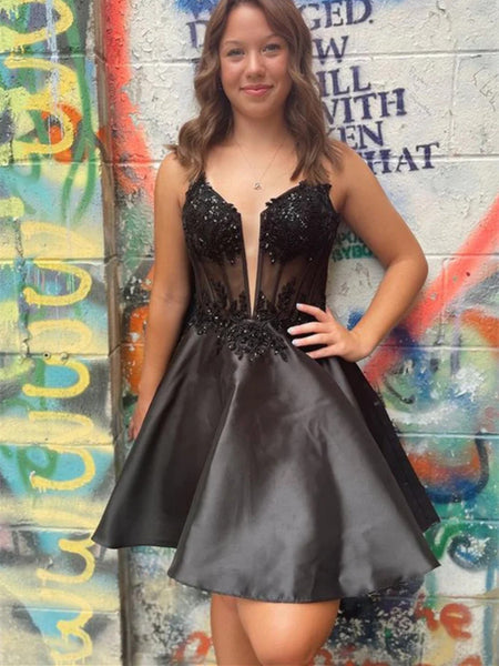 V Neck Beaded Black Lace Satin Prom Dresses, Short Black Formal Graduation Evening Homecoming Dresses