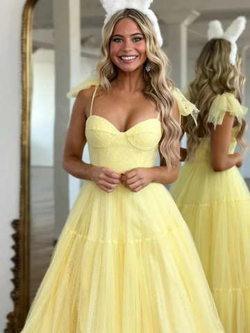 A Line Sweetheart Neck Yellow Tulle Long Prom Dresses, Yellow Tulle Long Formal Evening Dresses