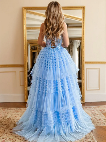 A Line Spaghetti Straps Light Blue Lace Long Prom Dresses, Princess Light Blue Lace Formal Graduation Evening Dresses